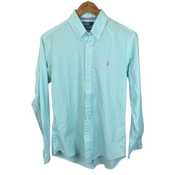 BF1149 men’s polo, Ralph Lauren custom fit preppy striped button-down shirt M - Picture 1 of 4